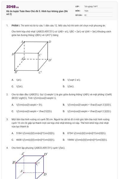 Đề ôn luyện Toán theo Chủ đề 5. Hình học không gian (Đề số 2)
