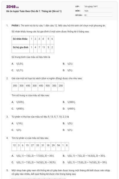 Đề ôn luyện Toán theo Chủ đề 7. Thống kê (Đề số 1)