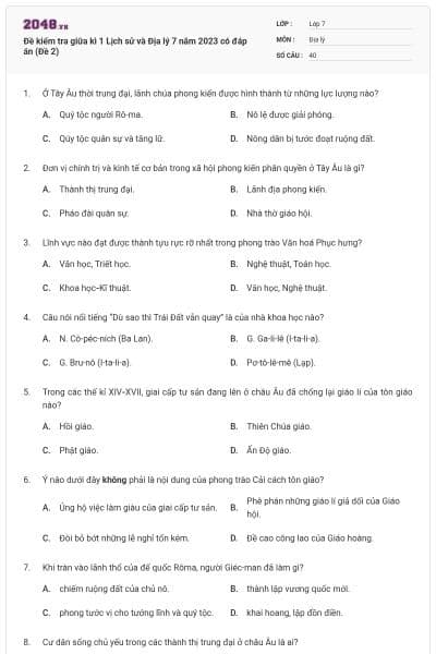 Đề kiểm tra giữa kì 1 Lịch sử và Địa lý 7 năm 2023 có đáp án (Đề 2)