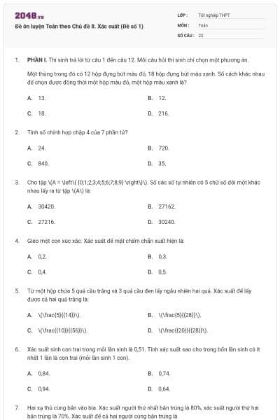 Đề ôn luyện Toán theo Chủ đề 8. Xác suất (Đề số 1)