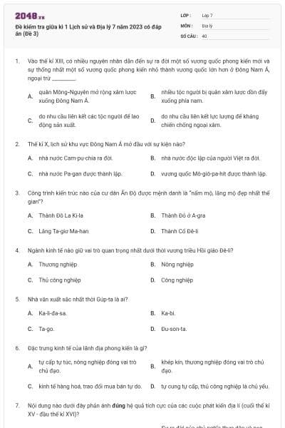 Đề kiểm tra giữa kì 1 Lịch sử và Địa lý 7 năm 2023 có đáp án (Đề 3)