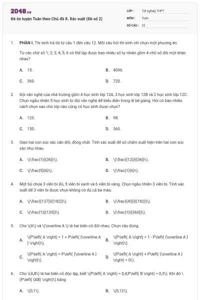 Đề ôn luyện Toán theo Chủ đề 8. Xác suất (Đề số 2)