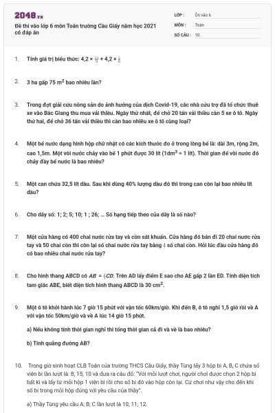 Đề thi vào lớp 6 môn Toán trường Cầu Giấy năm học 2021 có đáp án