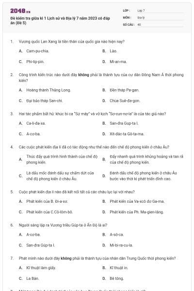 Đề kiểm tra giữa kì 1 Lịch sử và Địa lý 7 năm 2023 có đáp án (Đề 5)