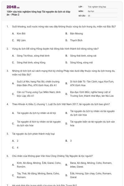 100+ câu trắc nghiệm tổng hợp Tài nguyên du lịch có đáp án - Phần 2