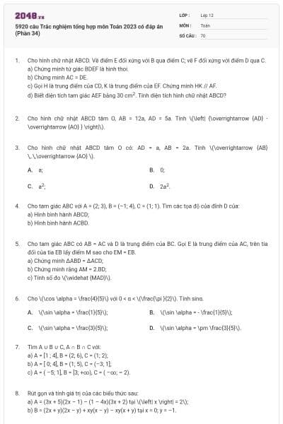 5920 câu Trắc nghiệm tổng hợp môn Toán 2023 có đáp án (Phần 34)