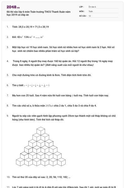 Đề thi vào lớp 6 môn Toán trường THCS Thanh Xuân năm học 2019 có đáp án