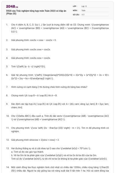 5920 câu Trắc nghiệm tổng hợp môn Toán 2023 có đáp án (Phần 35)