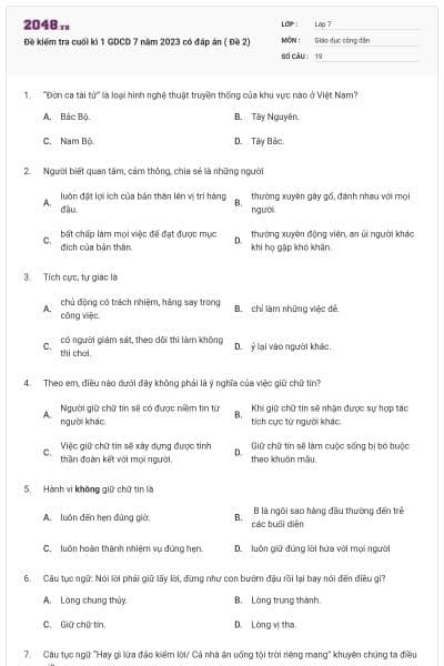 Đề kiểm tra cuối kì 1 GDCD 7 năm 2023 có đáp án ( Đề 2)