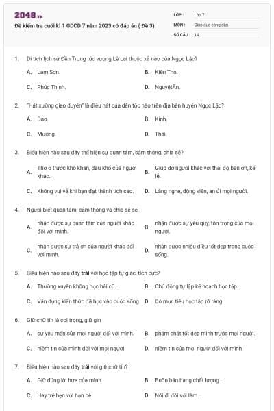 Đề kiểm tra cuối kì 1 GDCD 7 năm 2023 có đáp án ( Đề 3)