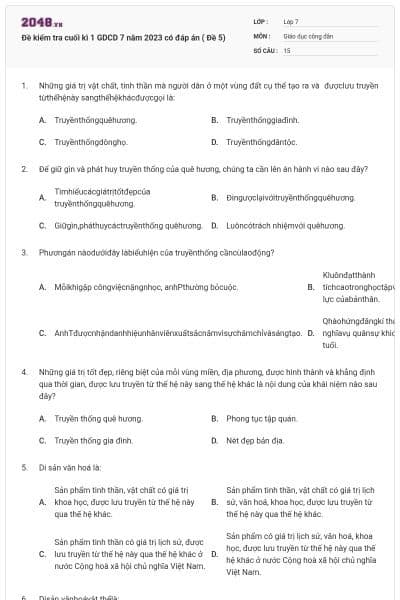 Đề kiểm tra cuối kì 1 GDCD 7 năm 2023 có đáp án ( Đề 5)