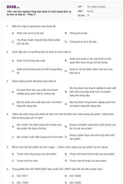 100+ câu trắc nghiệm tổng hợp Quản trị chất lượng dịch vụ du lịch có đáp án - Phần 3
