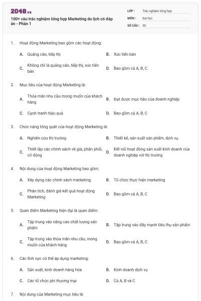 100+ câu trắc nghiệm tổng hợp Marketing du lịch có đáp án - Phần 1