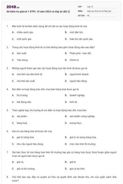 Đề kiểm tra giữa kì 1 KTPL 10 năm 2023 có đáp án (Đề 2)