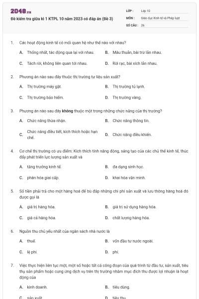 Đề kiểm tra giữa kì 1 KTPL 10 năm 2023 có đáp án (Đề 3)