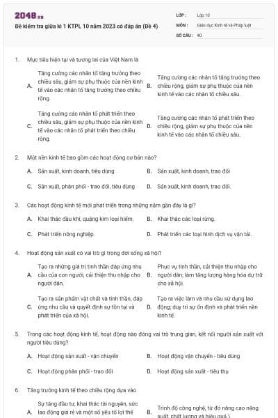 Đề kiểm tra giữa kì 1 KTPL 10 năm 2023 có đáp án (Đề 4)
