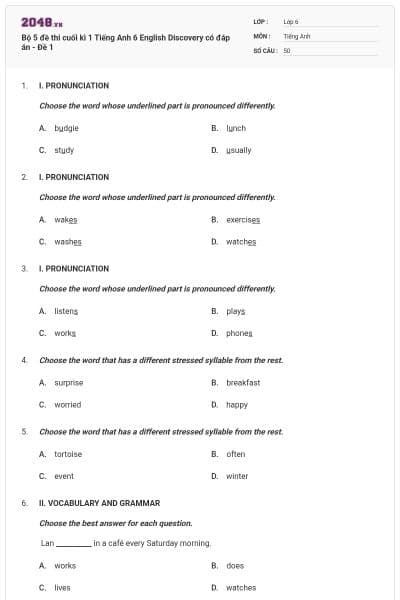 Bộ 5 đề thi cuối kì 1 Tiếng Anh 6 English Discovery có đáp án - Đề 1