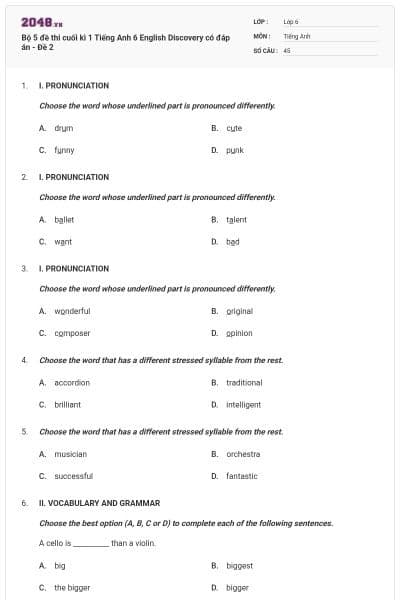 Bộ 5 đề thi cuối kì 1 Tiếng Anh 6 English Discovery có đáp án - Đề 2