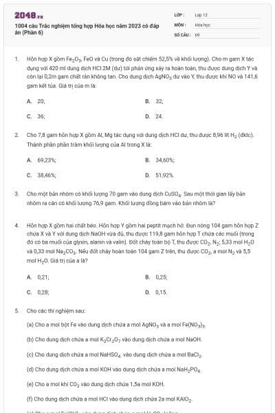 1004 câu Trắc nghiệm tổng hợp Hóa học năm 2023 có đáp án (Phần 6)