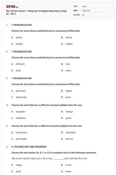 Bộ 5 đề thi cuối kì 1 Tiếng Anh 6 English Discovery có đáp án - Đề 3
