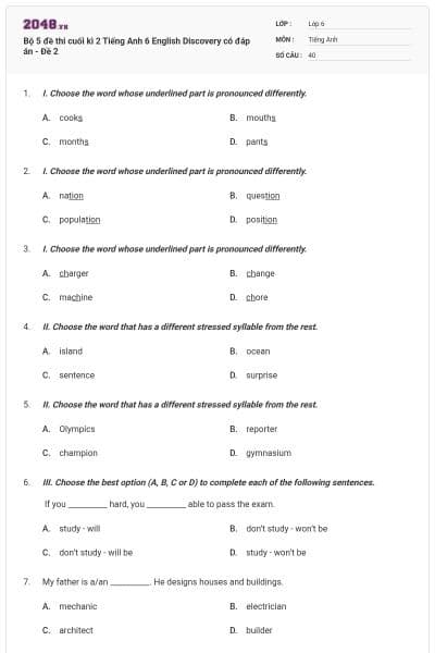 Bộ 5 đề thi cuối kì 2 Tiếng Anh 6 English Discovery có đáp án - Đề 2