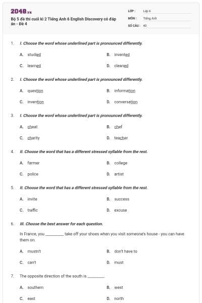 Bộ 5 đề thi cuối kì 2 Tiếng Anh 6 English Discovery có đáp án - Đề 4