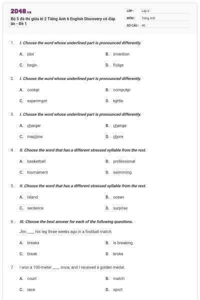 Bộ 5 đề thi giữa kì 2 Tiếng Anh 6 English Discovery có đáp án - Đề 1