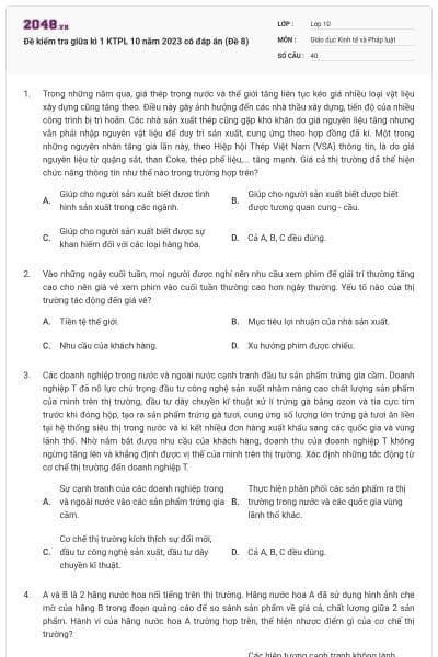 Đề kiểm tra giữa kì 1 KTPL 10 năm 2023 có đáp án (Đề 8)