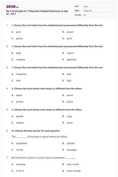 Bộ 5 đề thi giữa kì 2 Tiếng Anh 6 English Discovery có đáp án - Đề 2