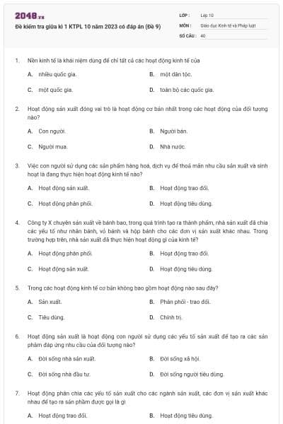 Đề kiểm tra giữa kì 1 KTPL 10 năm 2023 có đáp án (Đề 9)