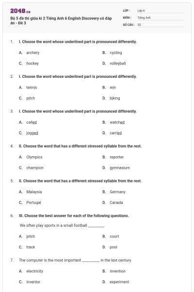 Bộ 5 đề thi giữa kì 2 Tiếng Anh 6 English Discovery có đáp án - Đề 3