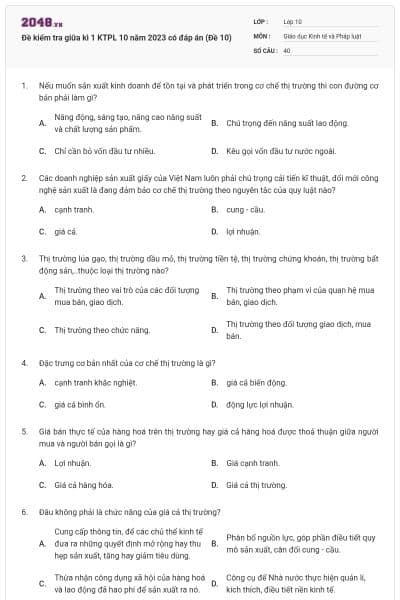 Đề kiểm tra giữa kì 1 KTPL 10 năm 2023 có đáp án (Đề 10)
