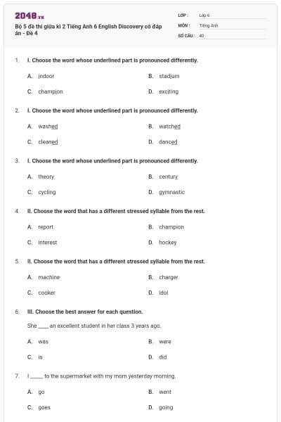Bộ 5 đề thi giữa kì 2 Tiếng Anh 6 English Discovery có đáp án - Đề 4