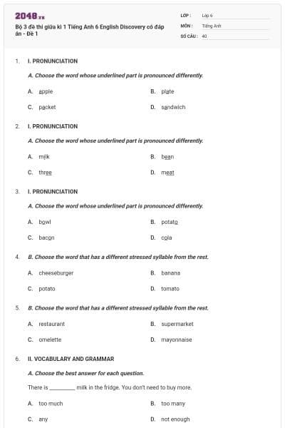 Bộ 3 đề thi giữa kì 1 Tiếng Anh 6 English Discovery có đáp án - Đề 1