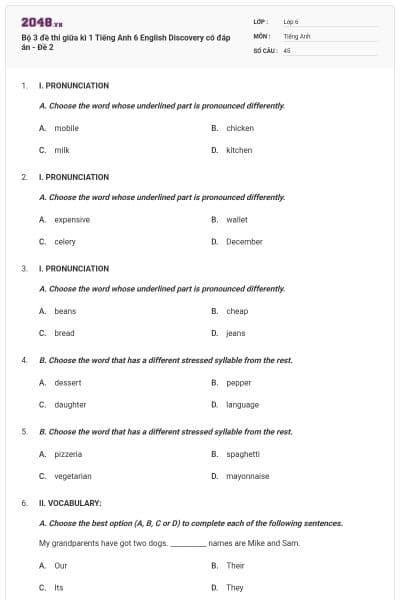 Bộ 3 đề thi giữa kì 1 Tiếng Anh 6 English Discovery có đáp án - Đề 2