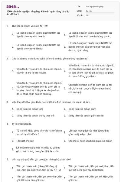 100+ câu trắc nghiệm tổng hợp Kế toán ngân hàng có đáp án - Phần 1