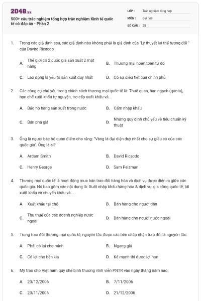 500+ câu trắc nghiệm tổng hợp trắc nghiệm Kinh tế quốc tế có đáp án - Phần 2
