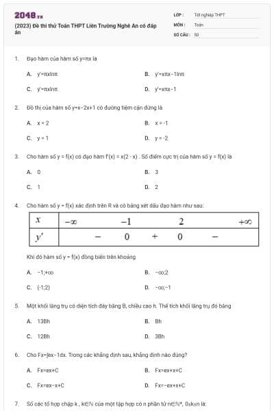 (2023) Đề thi thử Toán THPT Liên Trường Nghê An có đáp án