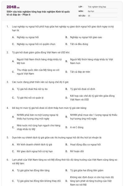 500+ câu trắc nghiệm tổng hợp trắc nghiệm Kinh tế quốc tế có đáp án - Phần 6