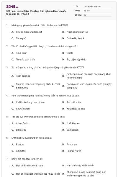 500+ câu trắc nghiệm tổng hợp trắc nghiệm Kinh tế quốc tế có đáp án - Phần 8