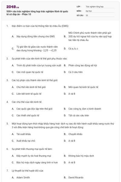 500+ câu trắc nghiệm tổng hợp trắc nghiệm Kinh tế quốc tế có đáp án - Phần 10