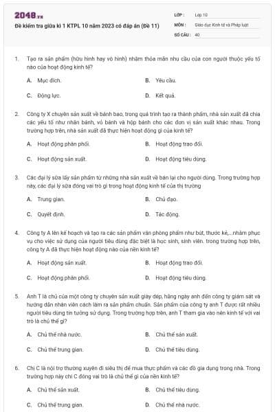 Đề kiểm tra giữa kì 1 KTPL 10 năm 2023 có đáp án (Đề 11)
