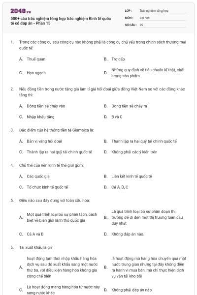 500+ câu trắc nghiệm tổng hợp trắc nghiệm Kinh tế quốc tế có đáp án - Phần 15