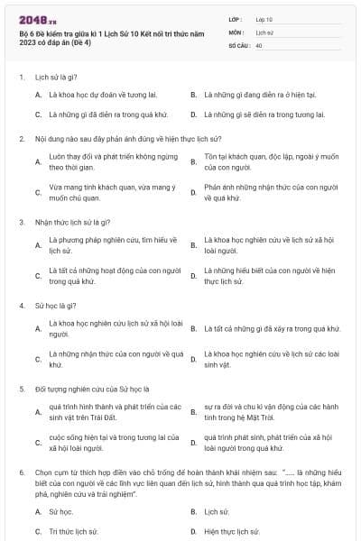 Bộ 6 Đề kiểm tra giữa kì 1 Lịch Sử 10 Kết nối tri thức năm 2023 có đáp án (Đề 4)