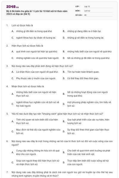 Bộ 6 Đề kiểm tra giữa kì 1 Lịch Sử 10 Kết nối tri thức năm 2023 có đáp án (Đề 5)