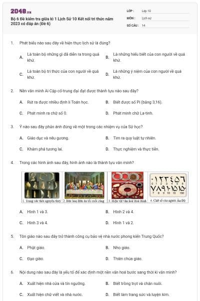 Bộ 6 Đề kiểm tra giữa kì 1 Lịch Sử 10 Kết nối tri thức năm 2023 có đáp án (Đề 6)