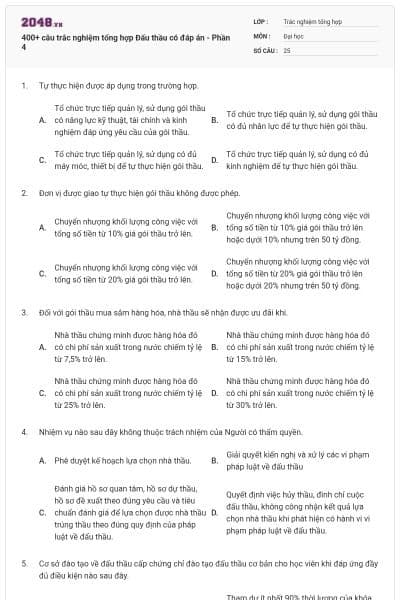 400+ câu trắc nghiệm tổng hợp Đấu thầu có đáp án - Phần 4