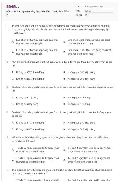 400+ câu trắc nghiệm tổng hợp Đấu thầu có đáp án - Phần 6