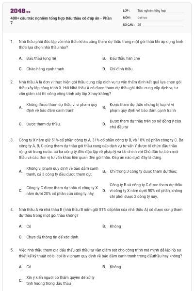 400+ câu trắc nghiệm tổng hợp Đấu thầu có đáp án - Phần 7