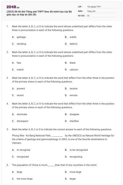 (2023) Đề thi thử Tiếng anh THPT theo đề minh họa của Bộ giáo dục có đáp án (Đề 28)